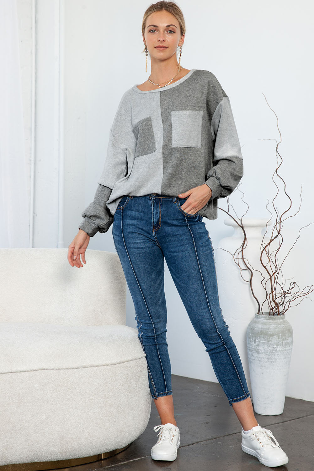 Grey Patchwork Chest Pockets Long Sleeve Pullover Top
