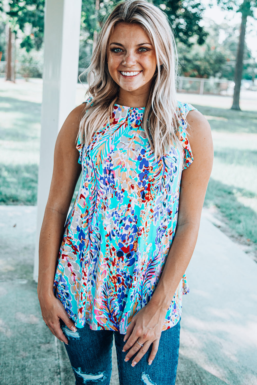 Rosy Boho Abstract Print Color Block Ruffle Babydoll Sleeveless Shirt