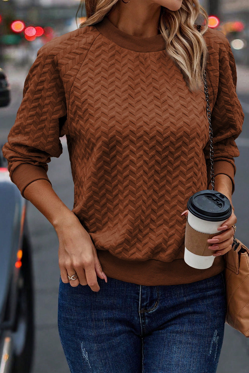 Jungle Green Solid Textured Raglan Sleeve Pullover Sweatshirt