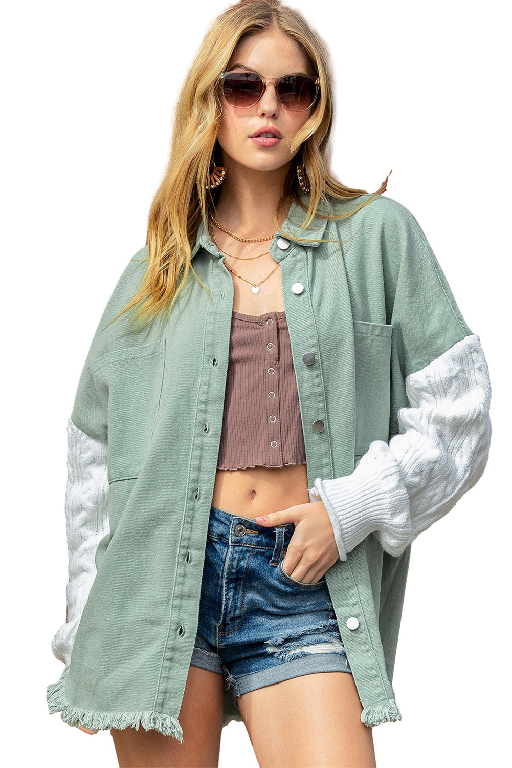 Green Cable Knit Patchwork Sleeve Raw Hem Shacket