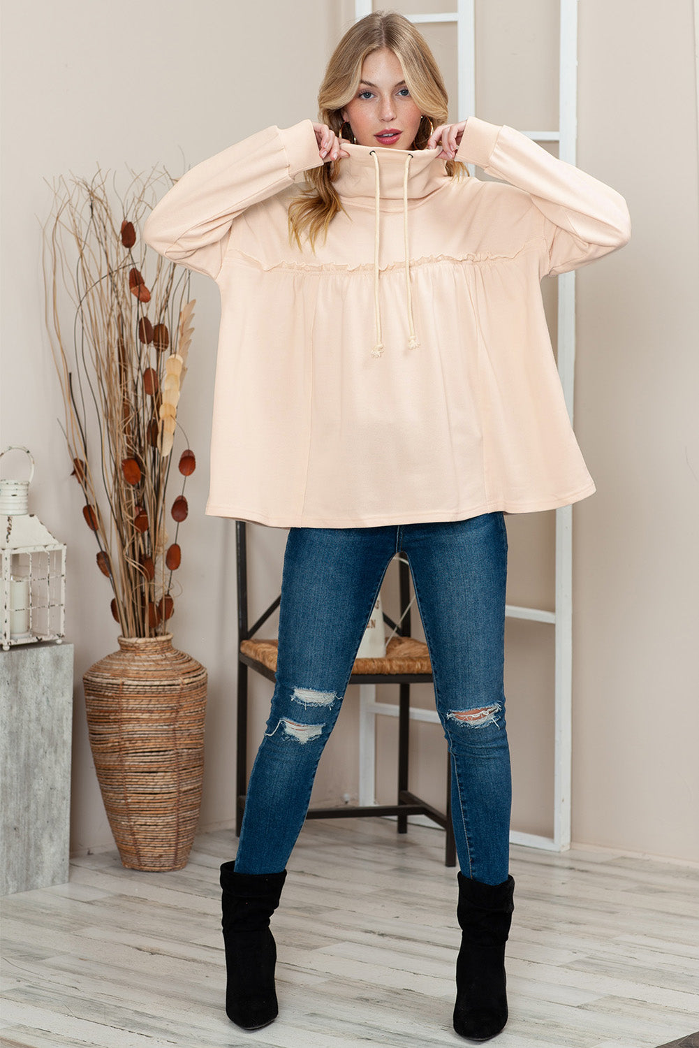 Beige Oversized Cowl Neck Pullover