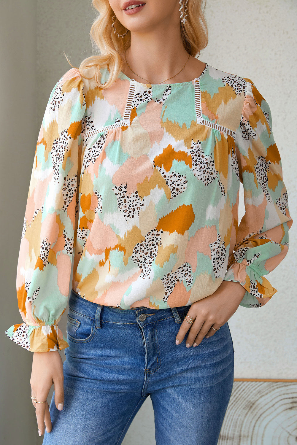 Multicolor Abstract Print Ruffle Puff Sleeve Blouse