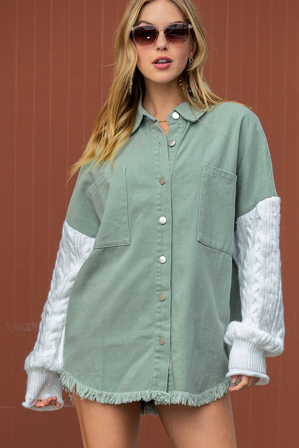 Green Cable Knit Patchwork Sleeve Raw Hem Shacket