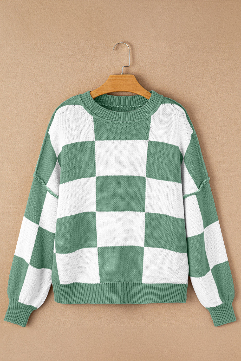 Pink Checked Bishop Sleeve Pullover Sweater
