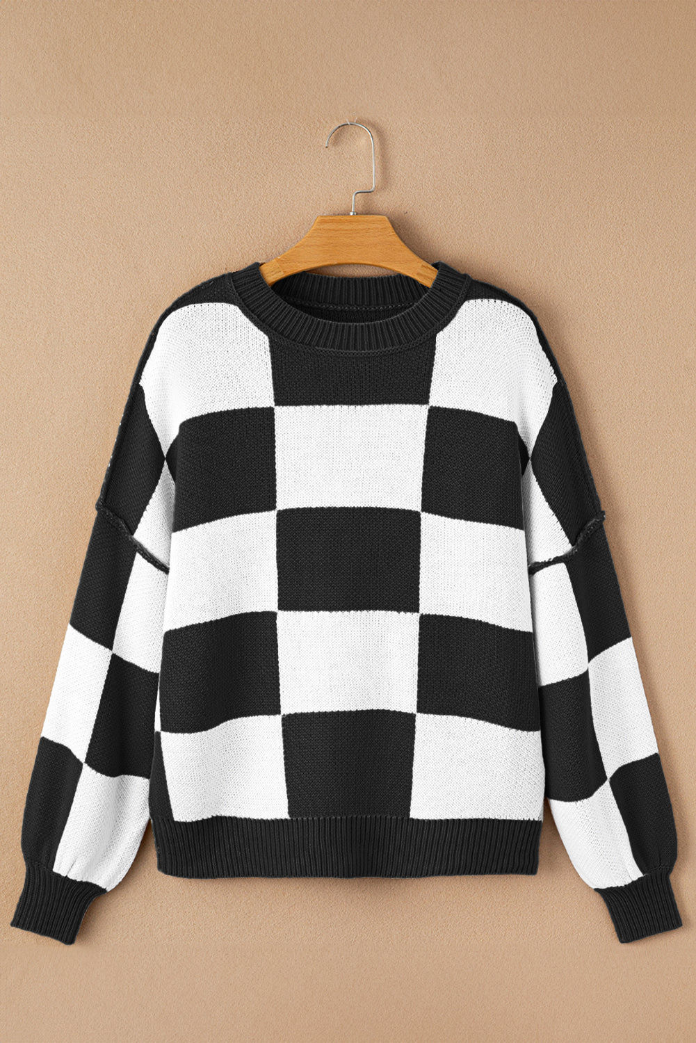 Pink Checked Bishop Sleeve Pullover Sweater