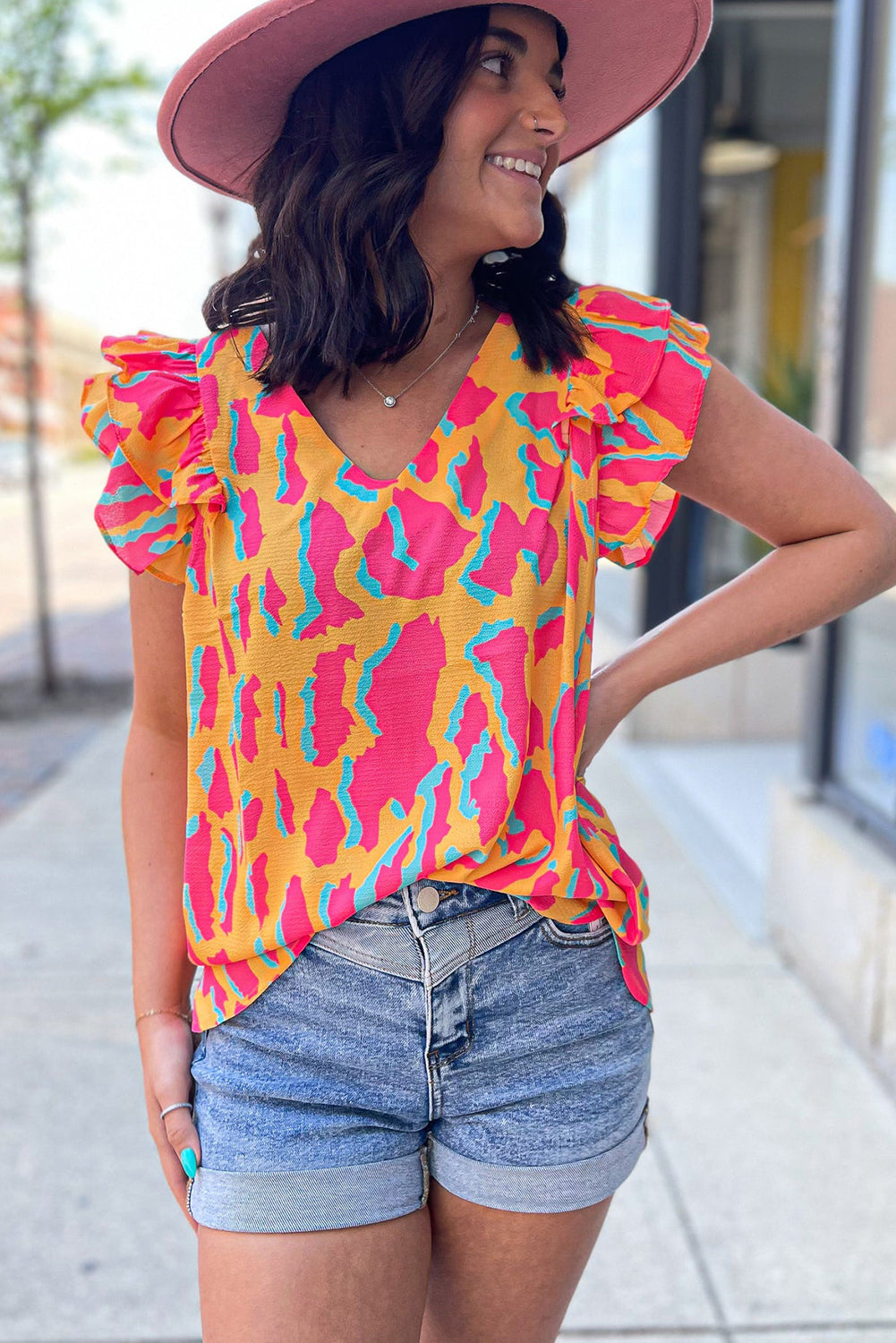 V-Neck Ruffle Sleeve Colorblock Blouse