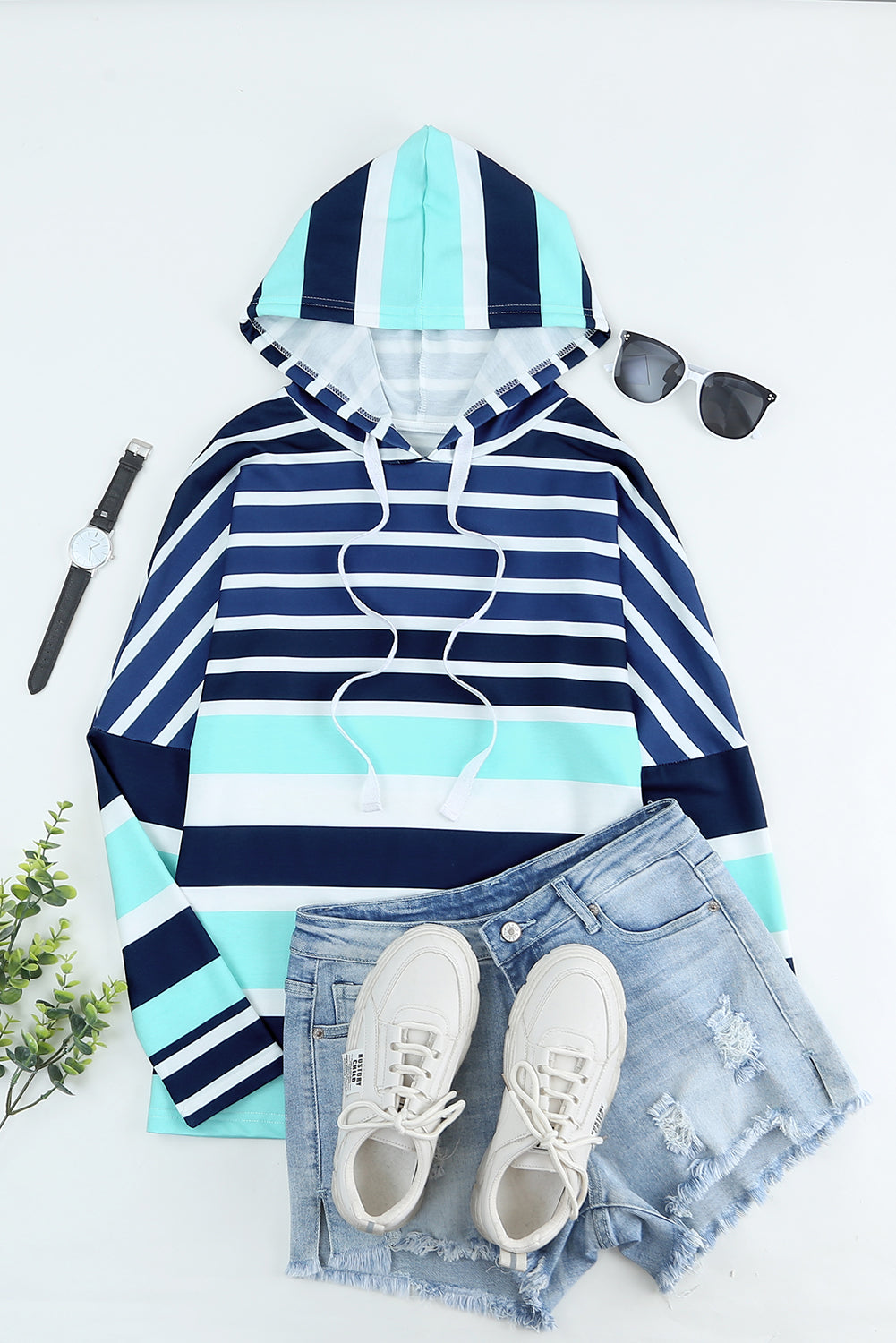 Blue Striped Color Block Drawstring Long Sleeve Hoodie