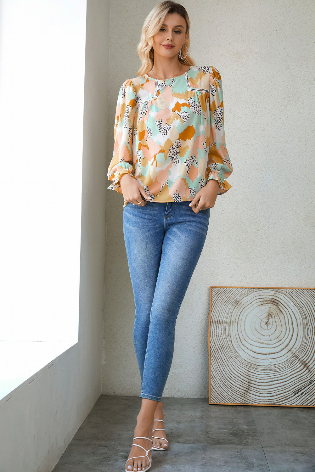 Multicolor Abstract Print Ruffle Puff Sleeve Blouse