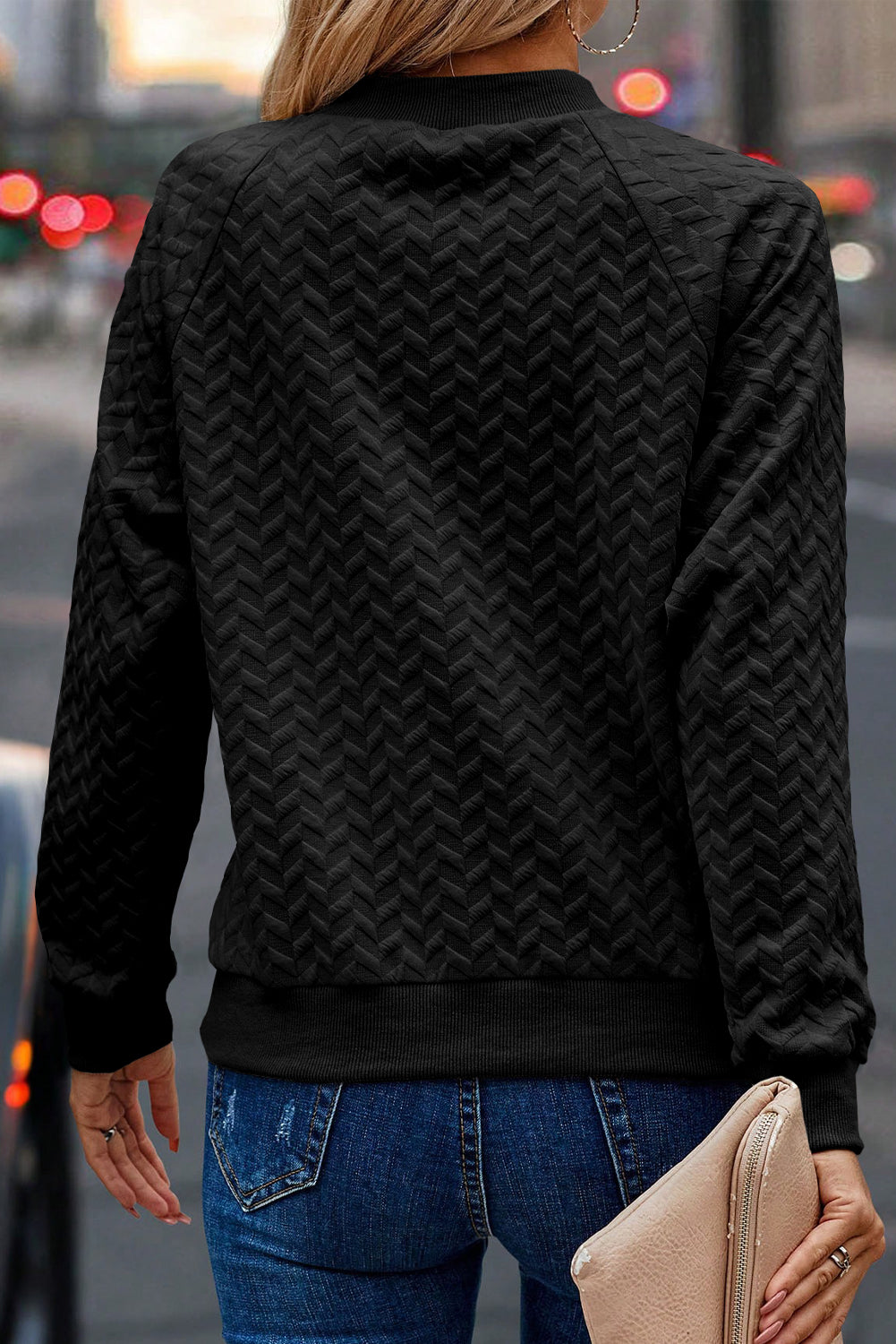 Jungle Green Solid Textured Raglan Sleeve Pullover Sweatshirt