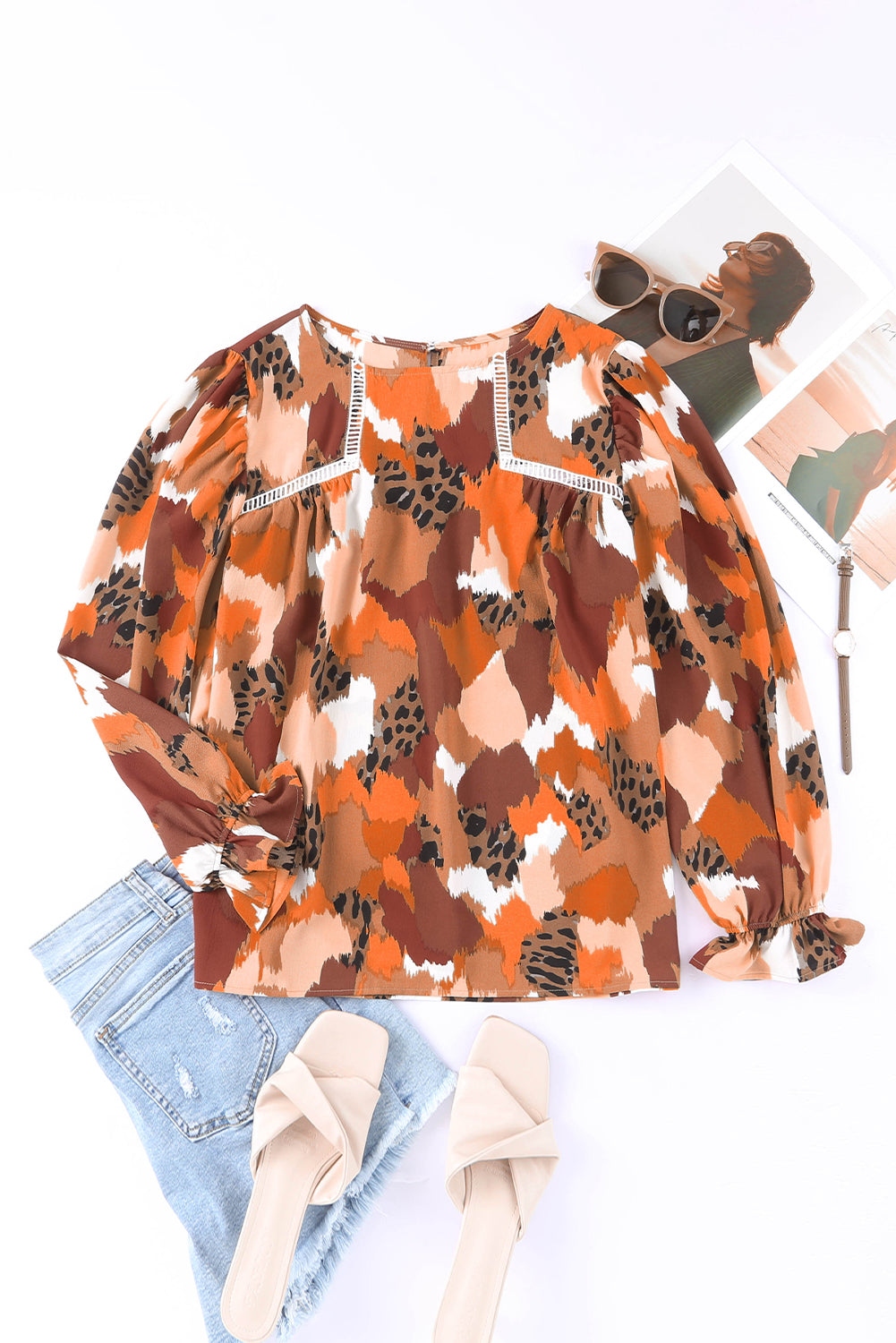 Multicolor Abstract Print Ruffle Puff Sleeve Blouse