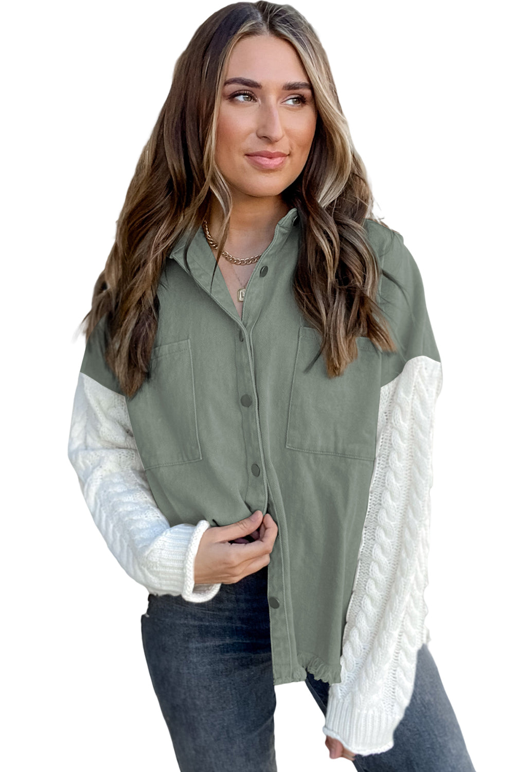 Green Cable Knit Patchwork Sleeve Raw Hem Shacket