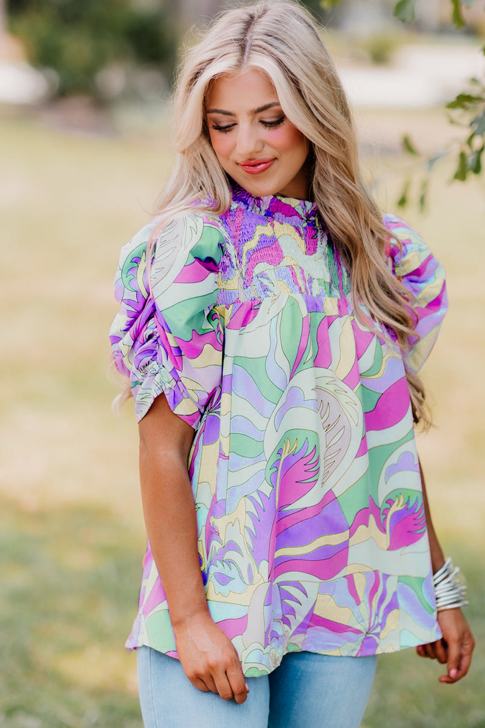 Green Abstract Print Smocked Bubble Sleeve Blouse