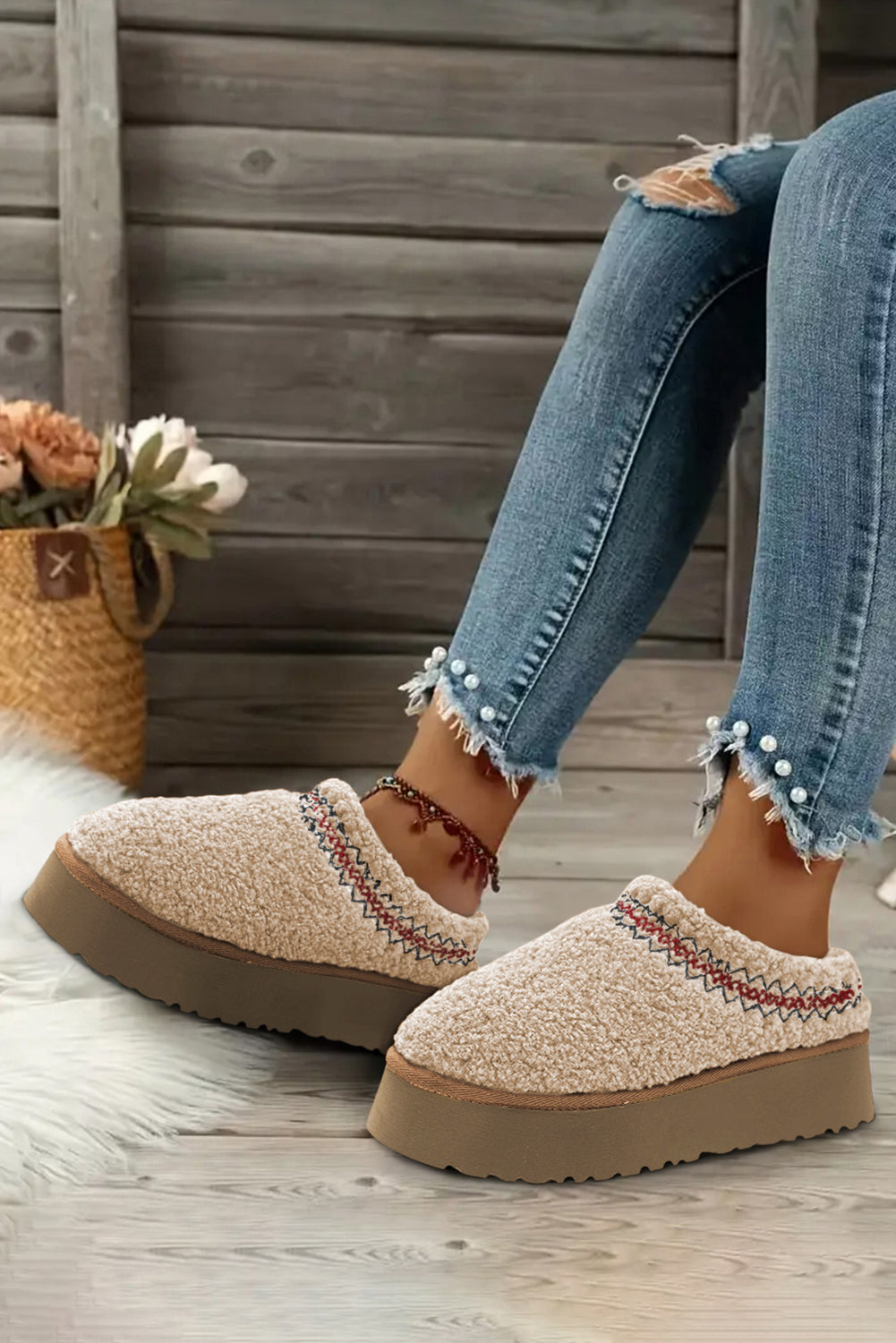 Chestnut Suede Contrast Plush Thick Sole Slippers