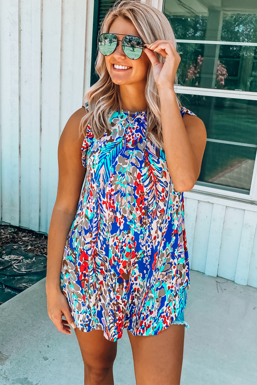 Rosy Boho Abstract Print Color Block Ruffle Babydoll Sleeveless Shirt