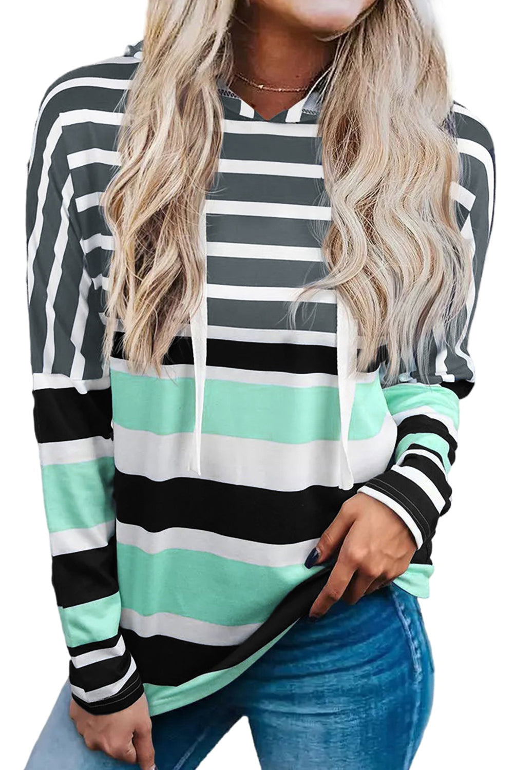Blue Striped Color Block Drawstring Long Sleeve Hoodie
