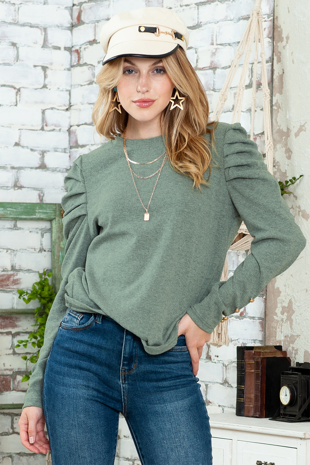 Gray Basic Buttoned Puff Long Sleeve Sheath Top