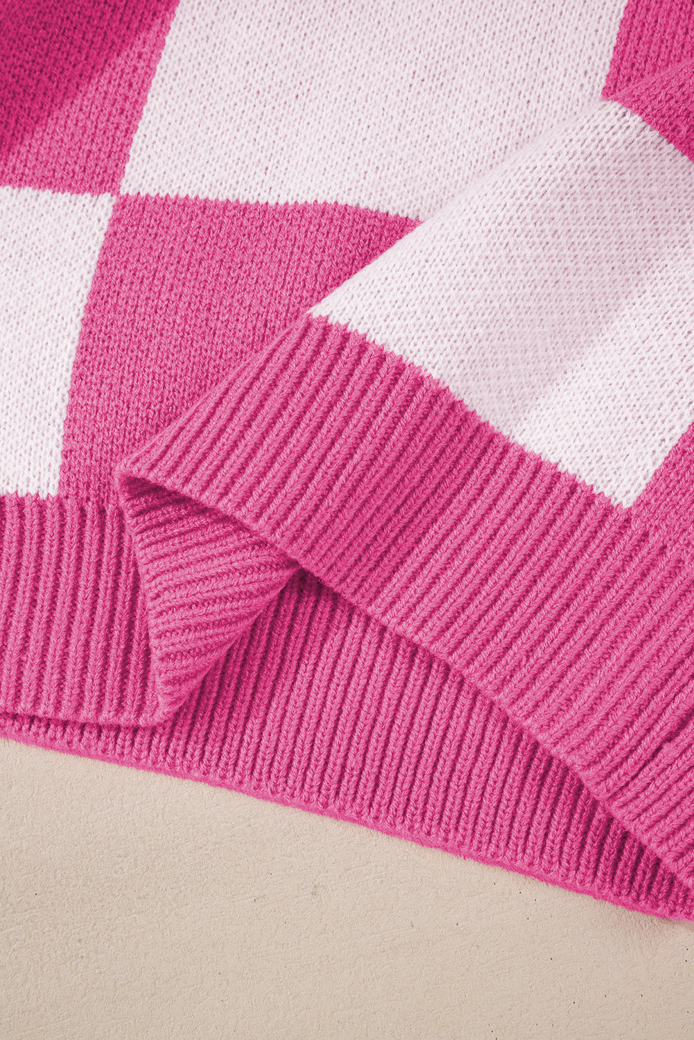 Pink Checked Bishop Sleeve Pullover Sweater