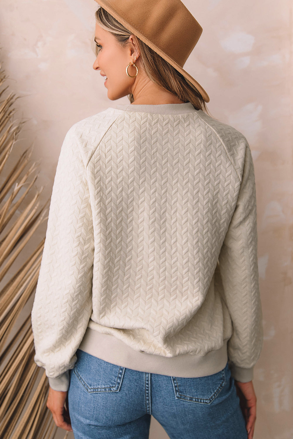 Jungle Green Solid Textured Raglan Sleeve Pullover Sweatshirt