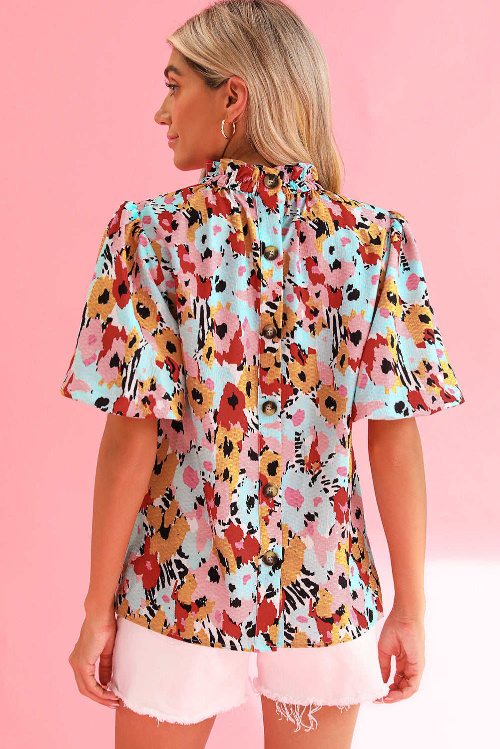 White Floral Print Puff Sleeve Mock Neck Blouse