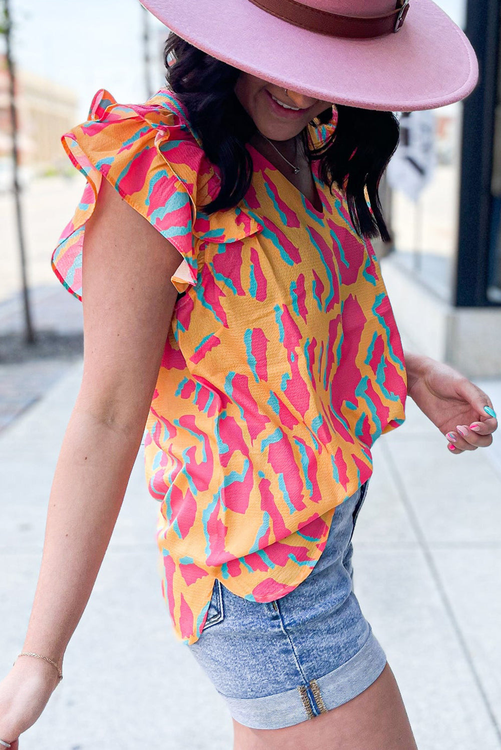 V-Neck Ruffle Sleeve Colorblock Blouse