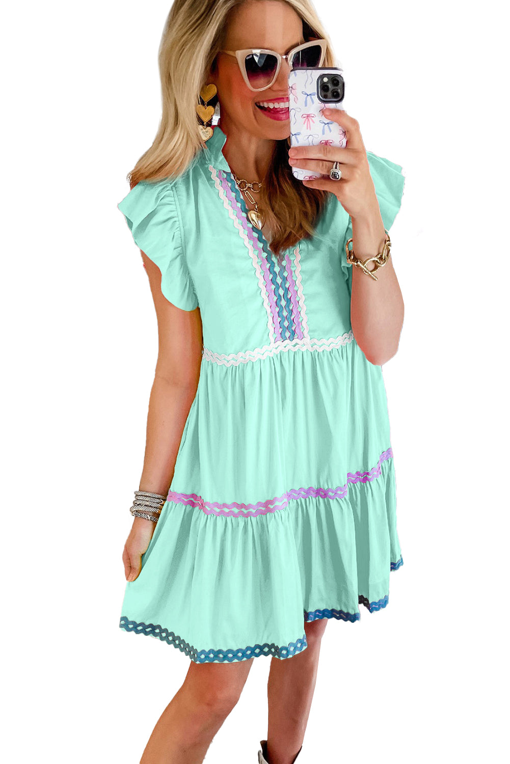 Wholesale Mint Green Flutter Sleeve V Neck Ric Rac Tiered Dress