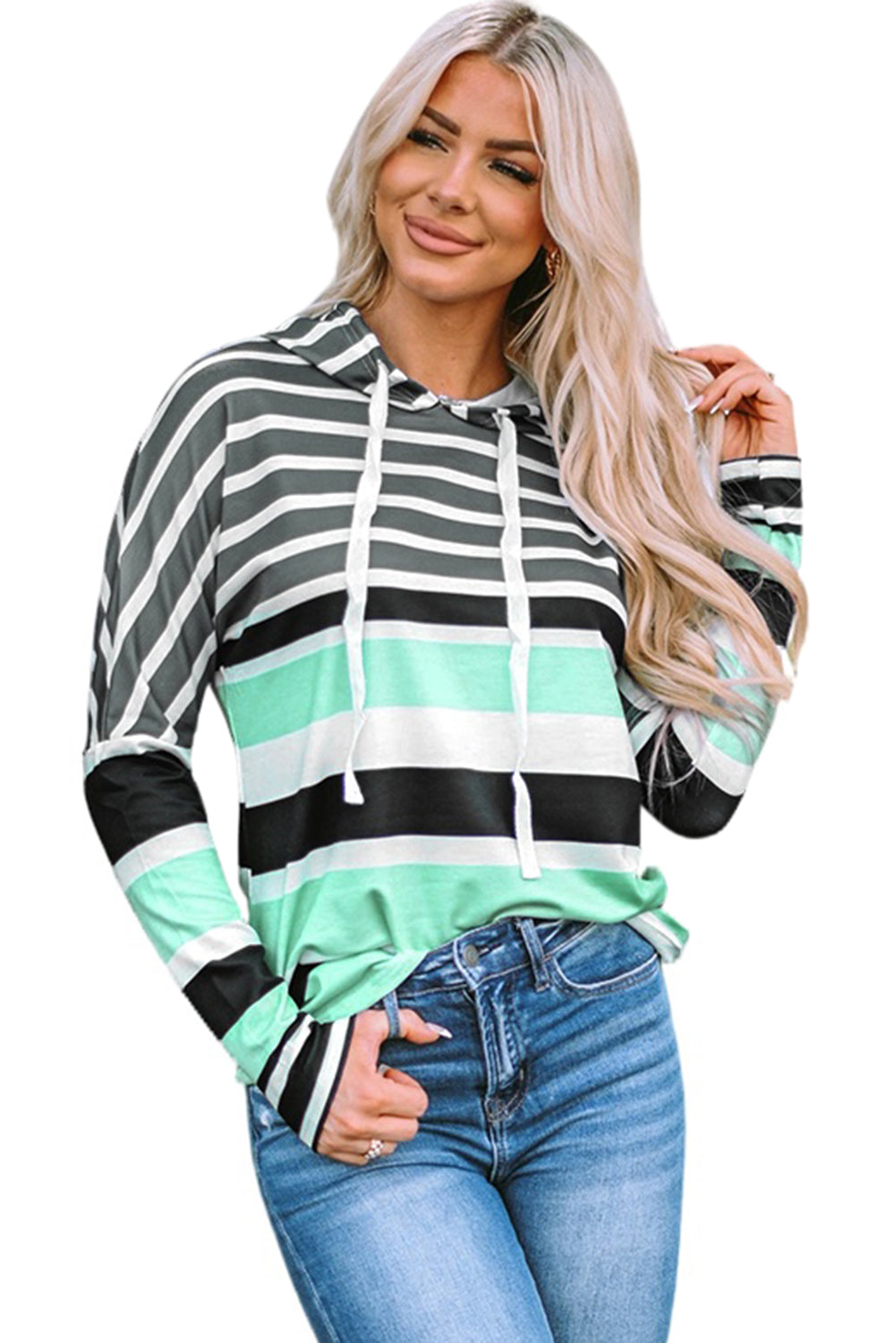 Blue Striped Color Block Drawstring Long Sleeve Hoodie