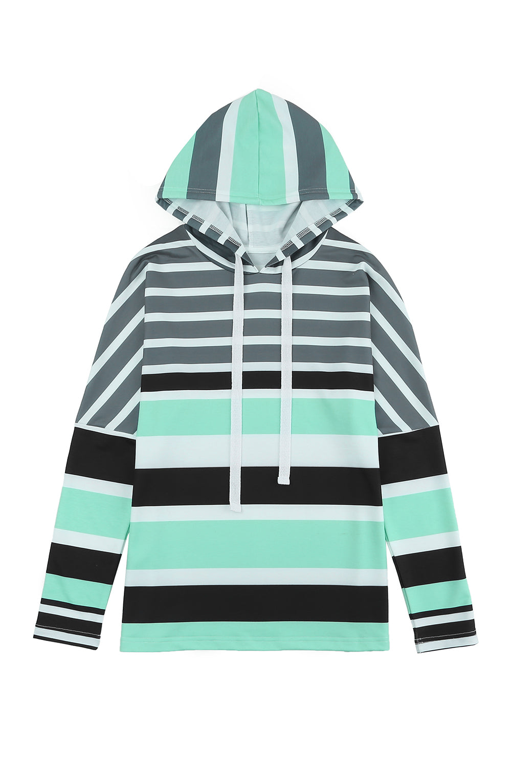 Blue Striped Color Block Drawstring Long Sleeve Hoodie