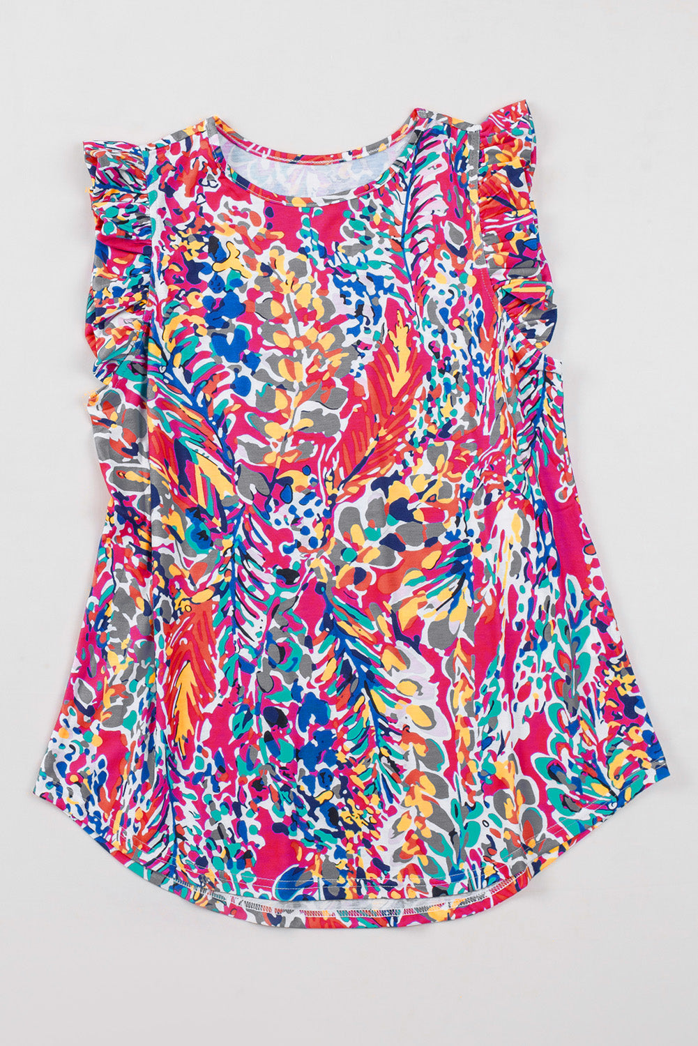Rosy Boho Abstract Print Color Block Ruffle Babydoll Sleeveless Shirt