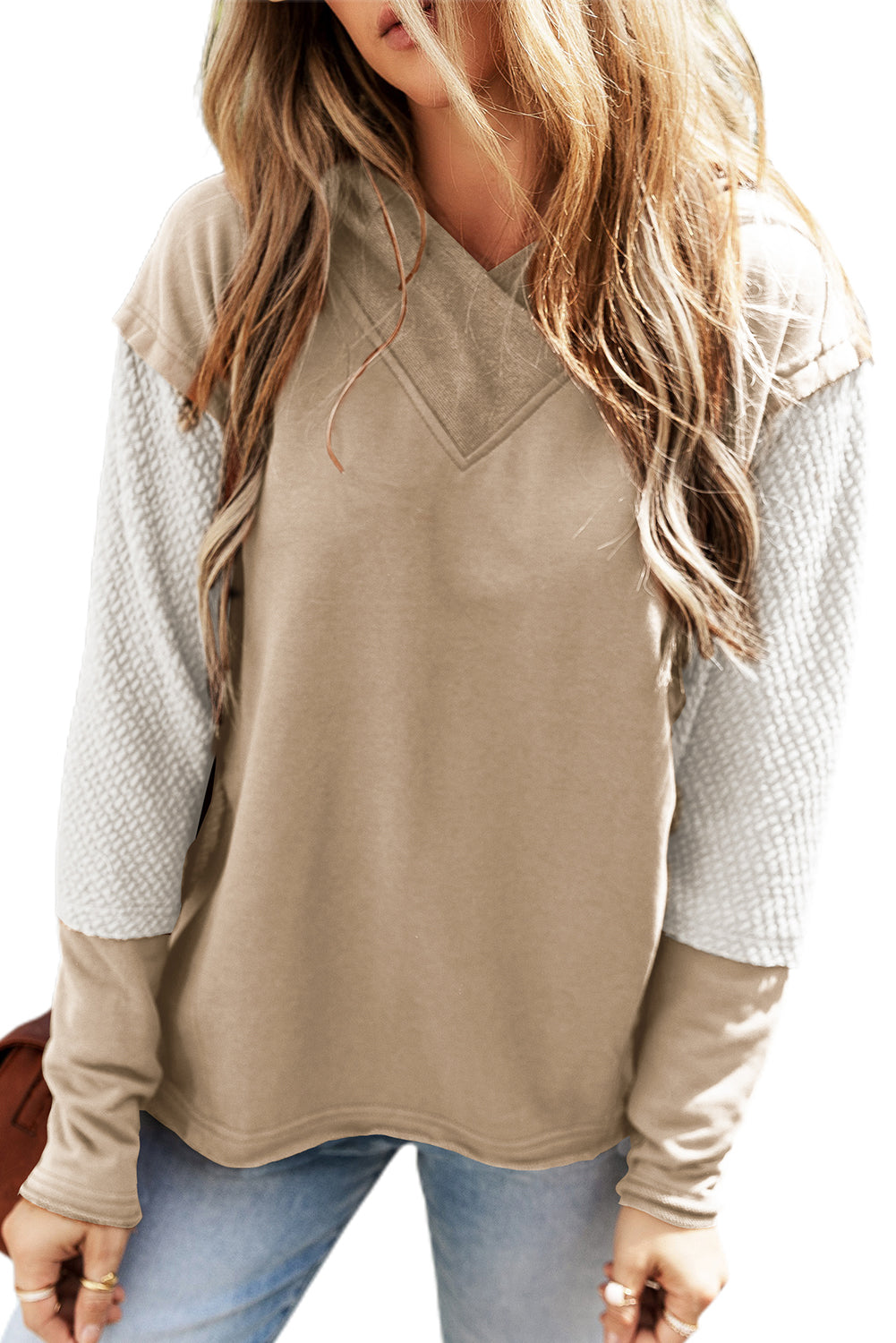 Black Textured Splicing Sleeve Raw Hem Hoodie