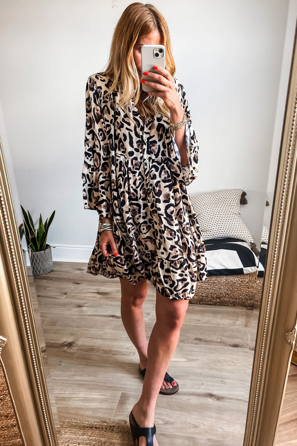 Rose Leopard Button V Neck Pocket Flowy Mini Dress