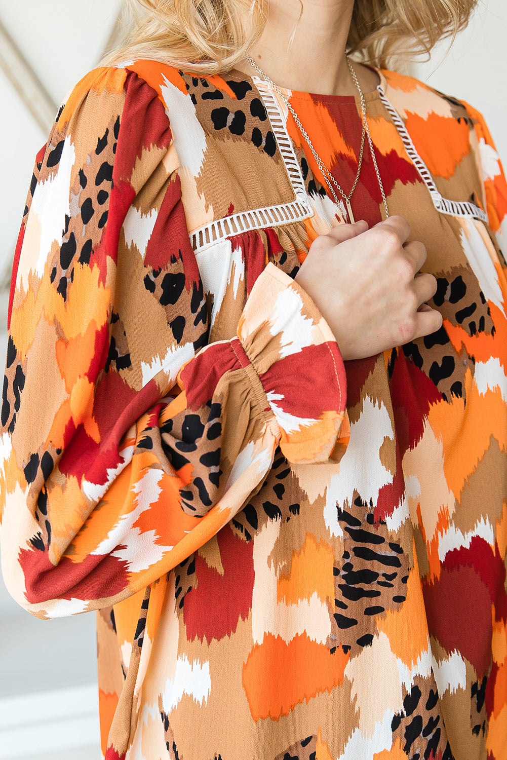 Multicolor Abstract Print Ruffle Puff Sleeve Blouse