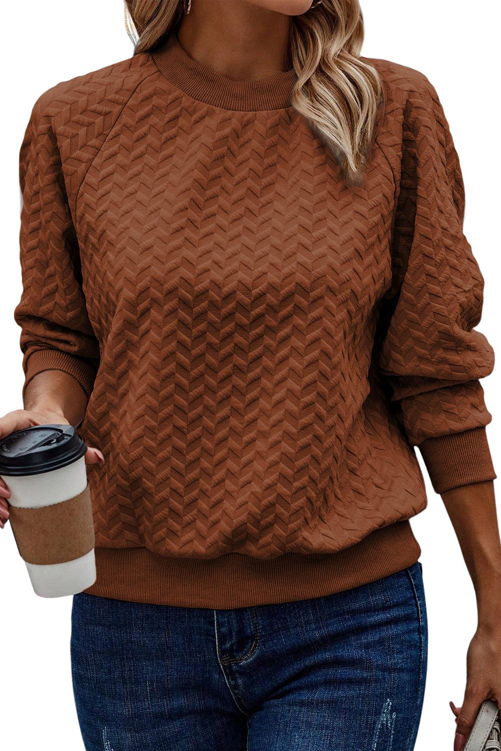 Jungle Green Solid Textured Raglan Sleeve Pullover Sweatshirt