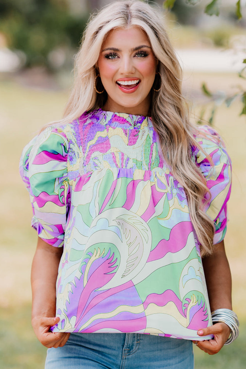 Green Abstract Print Smocked Bubble Sleeve Blouse
