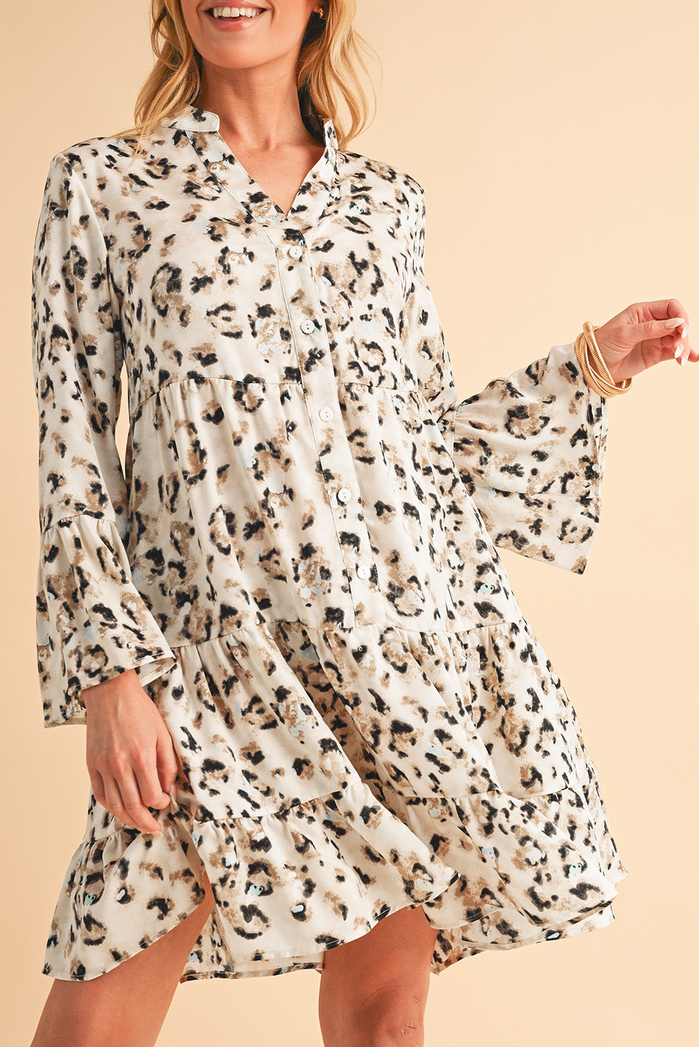 Rose Leopard Button V Neck Pocket Flowy Mini Dress