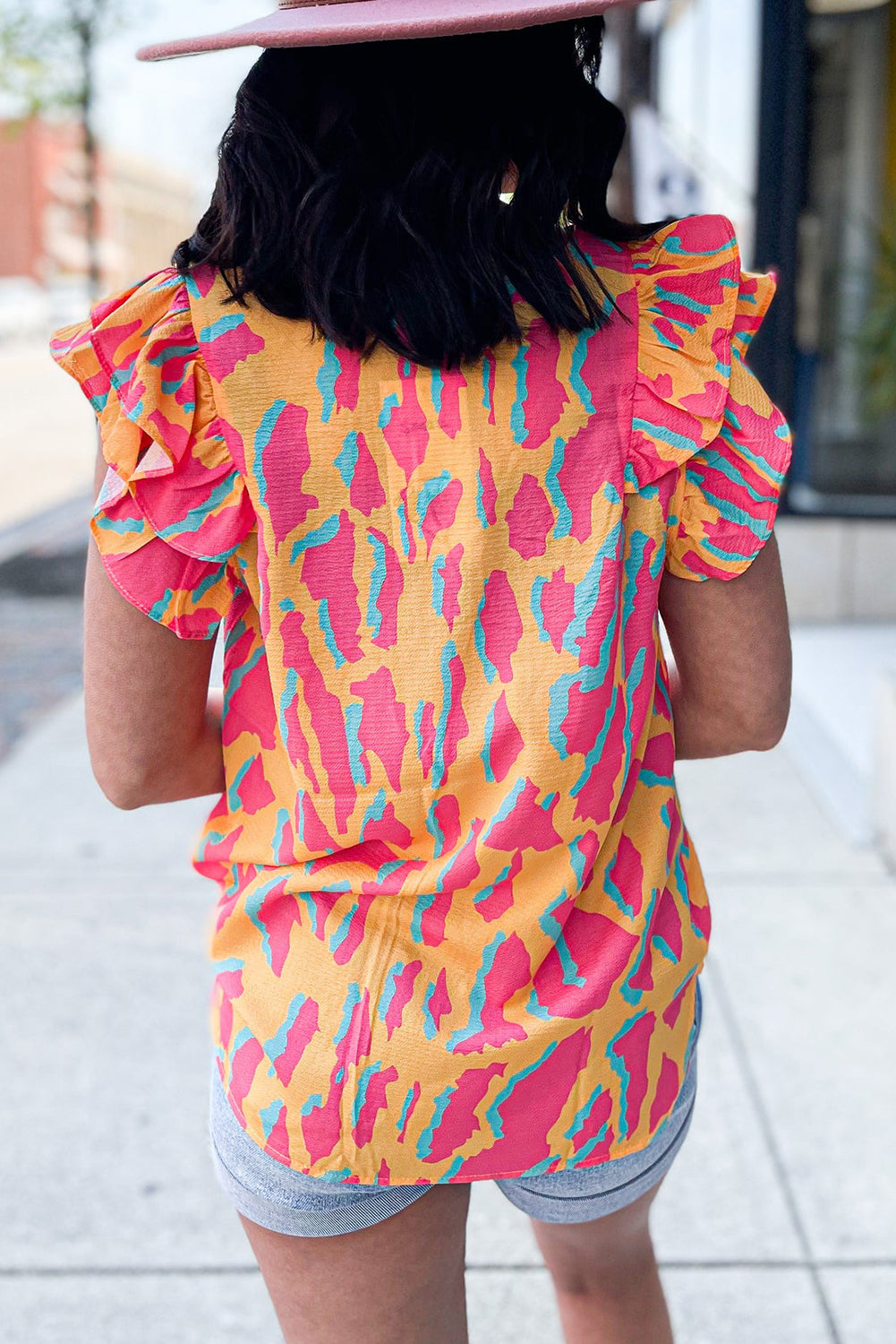 V-Neck Ruffle Sleeve Colorblock Blouse