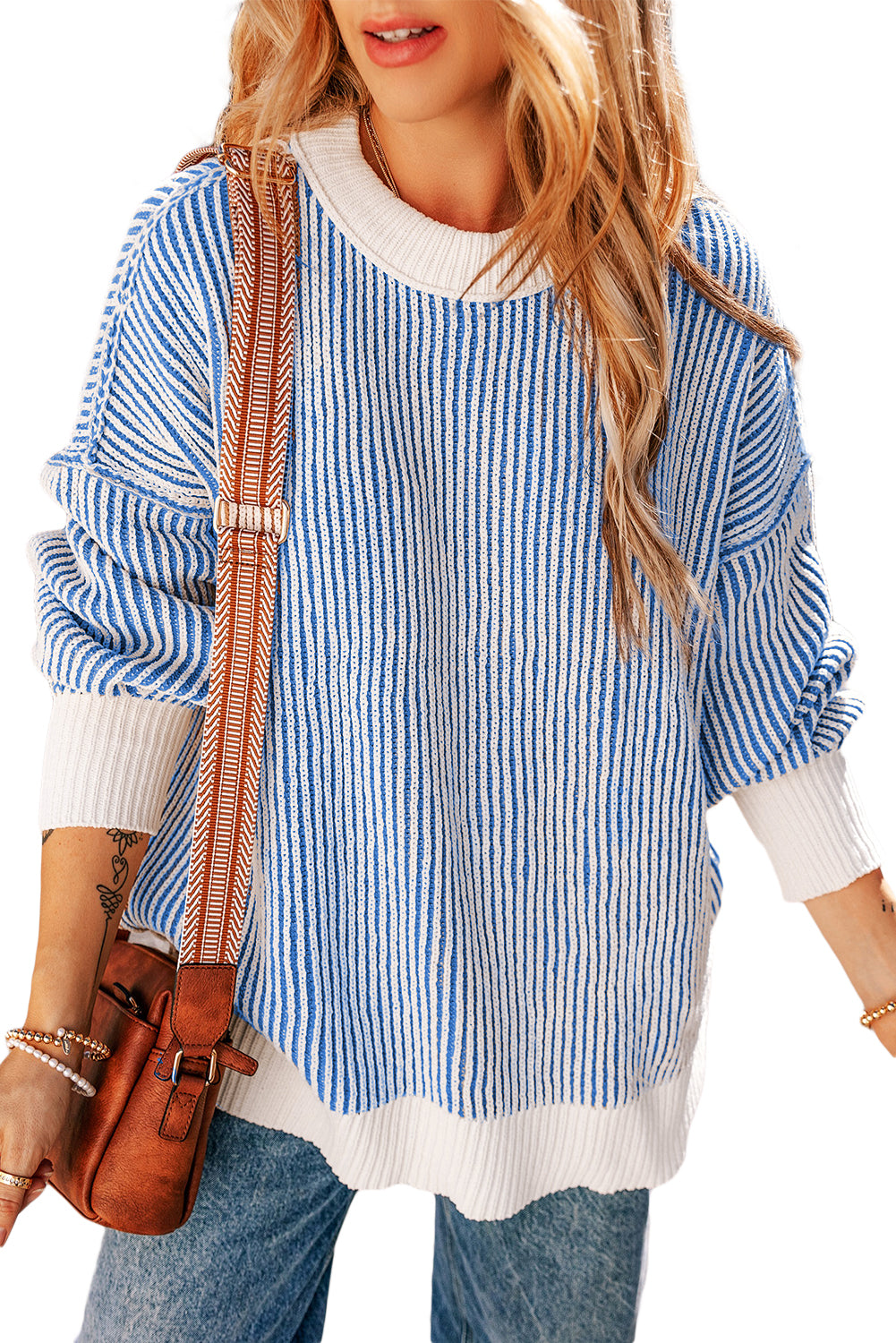 Black Striped Contrast Trim Loose Sweater
