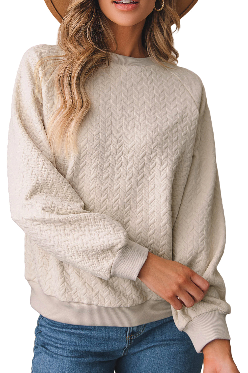 Jungle Green Solid Textured Raglan Sleeve Pullover Sweatshirt
