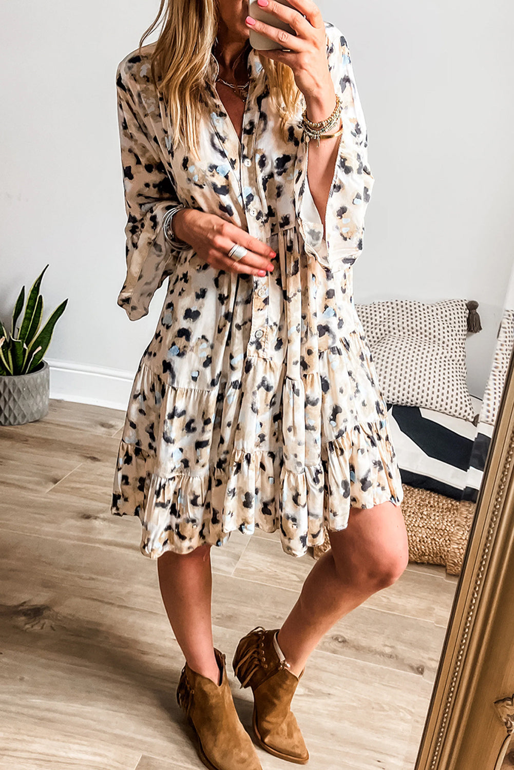 Rose Leopard Button V Neck Pocket Flowy Mini Dress