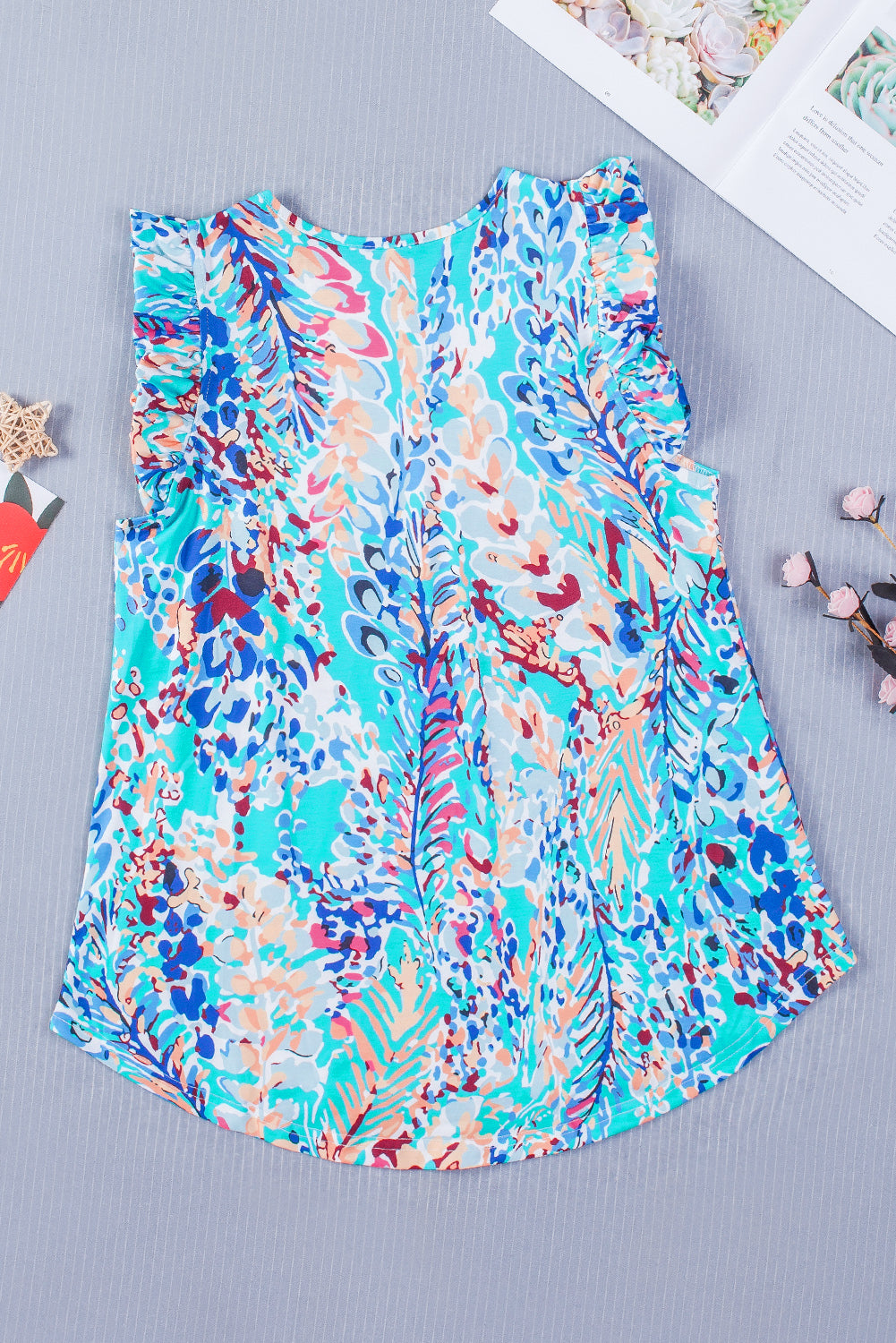 Rosy Boho Abstract Print Color Block Ruffle Babydoll Sleeveless Shirt