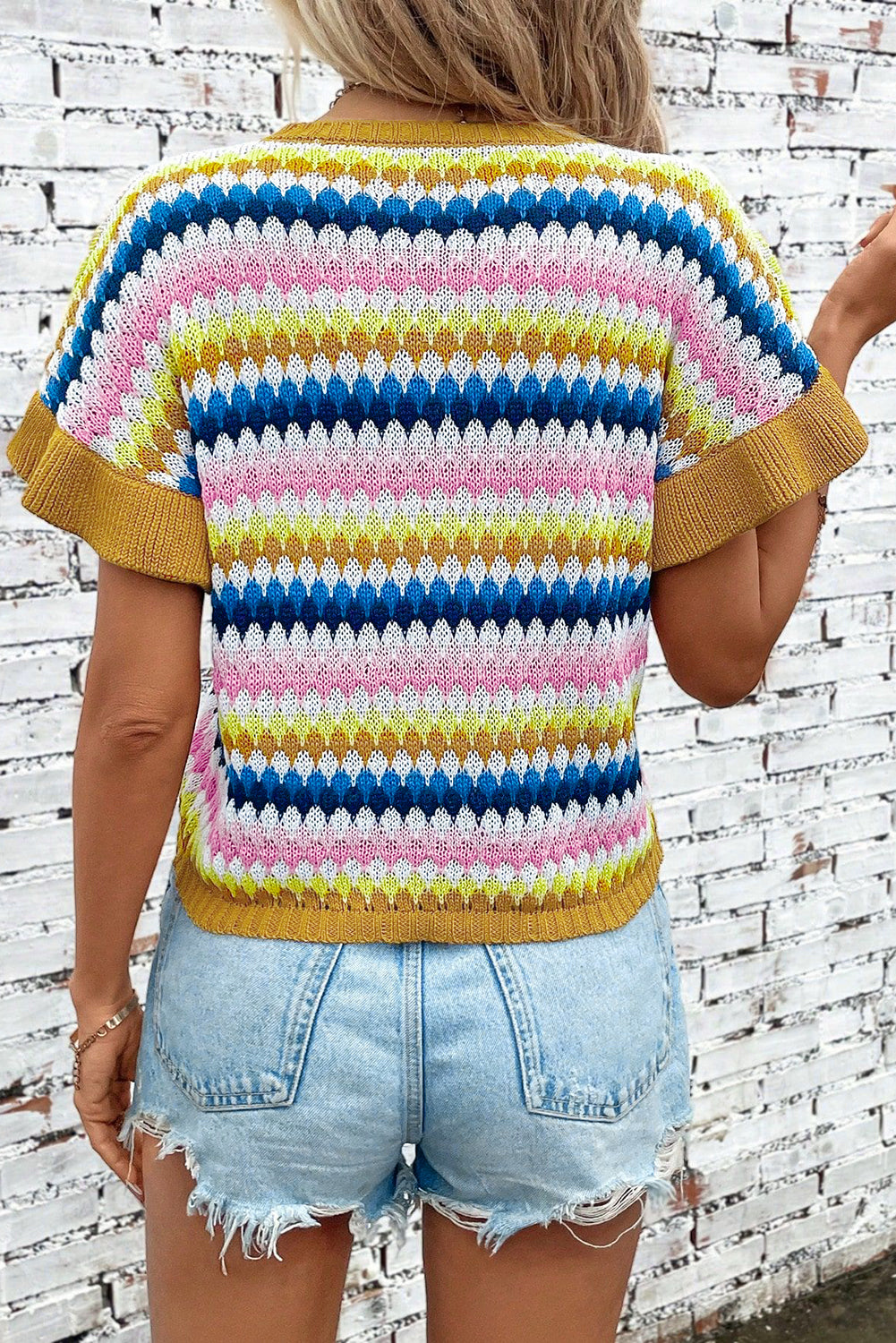 Fiery Red Color Block Strip Ruffle Sleeve Knit Top