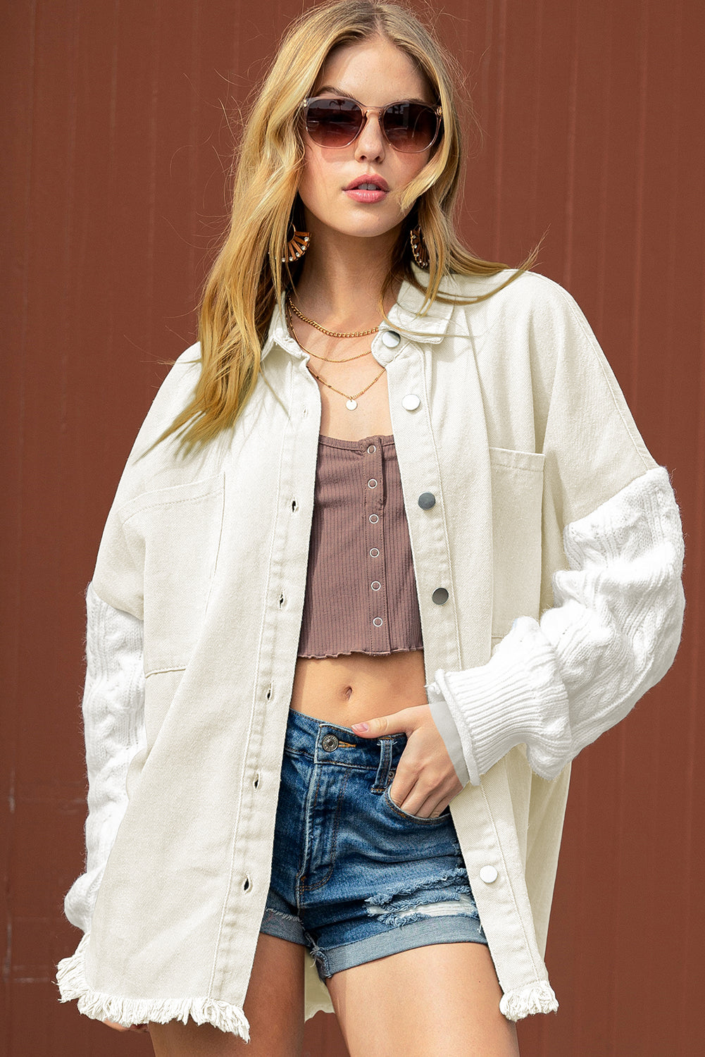 Green Cable Knit Patchwork Sleeve Raw Hem Shacket