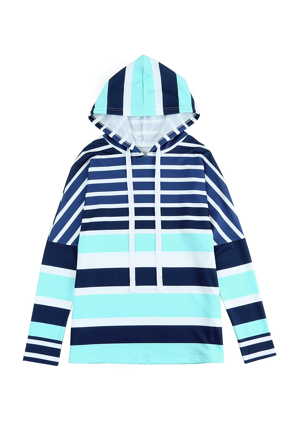 Blue Striped Color Block Drawstring Long Sleeve Hoodie