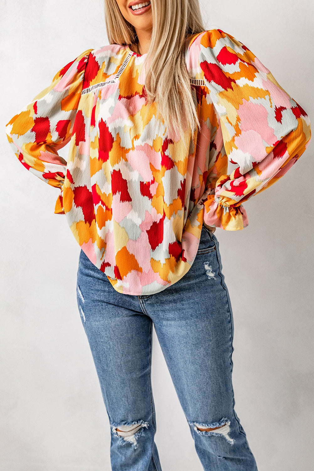 Multicolor Abstract Print Ruffle Puff Sleeve Blouse