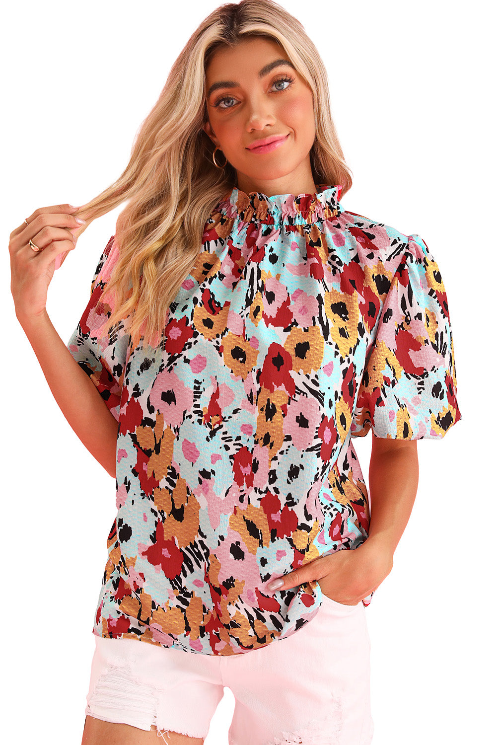 White Floral Print Puff Sleeve Mock Neck Blouse