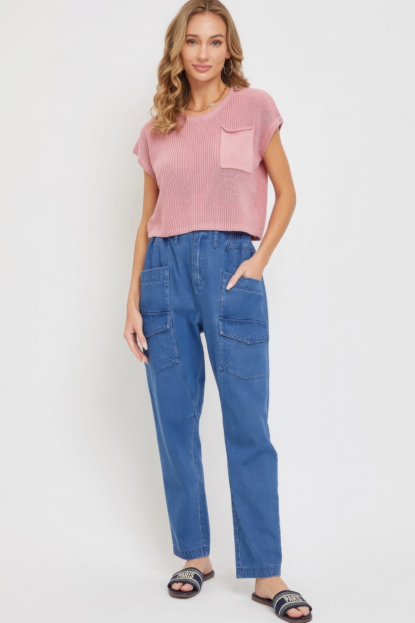 High Waisted Pocketed Denim Jogger Pants