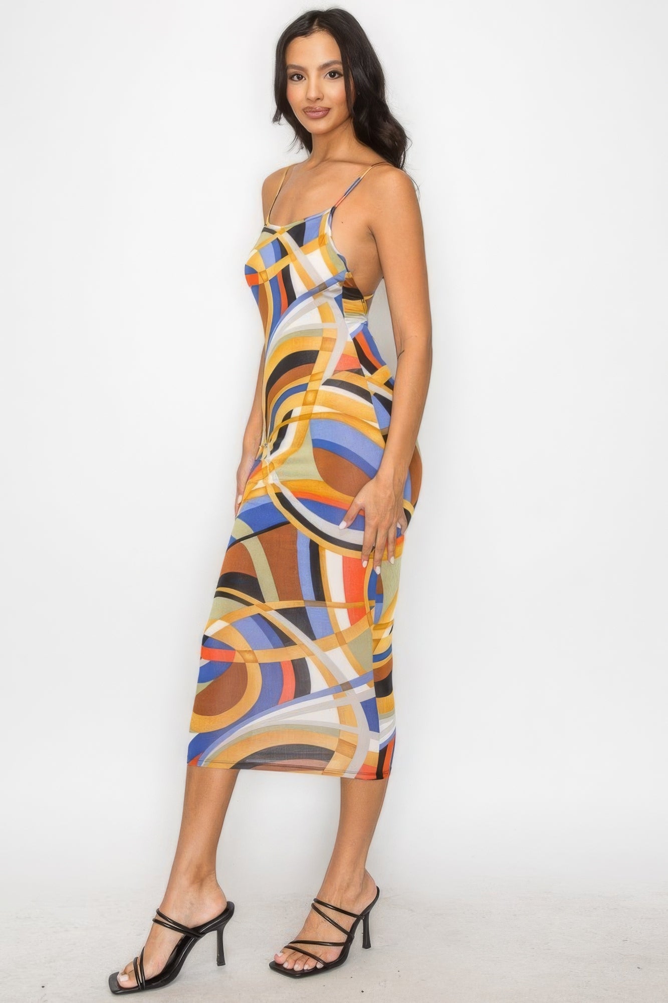 Marble Print Multicolor Crossed Back Midi Dress
