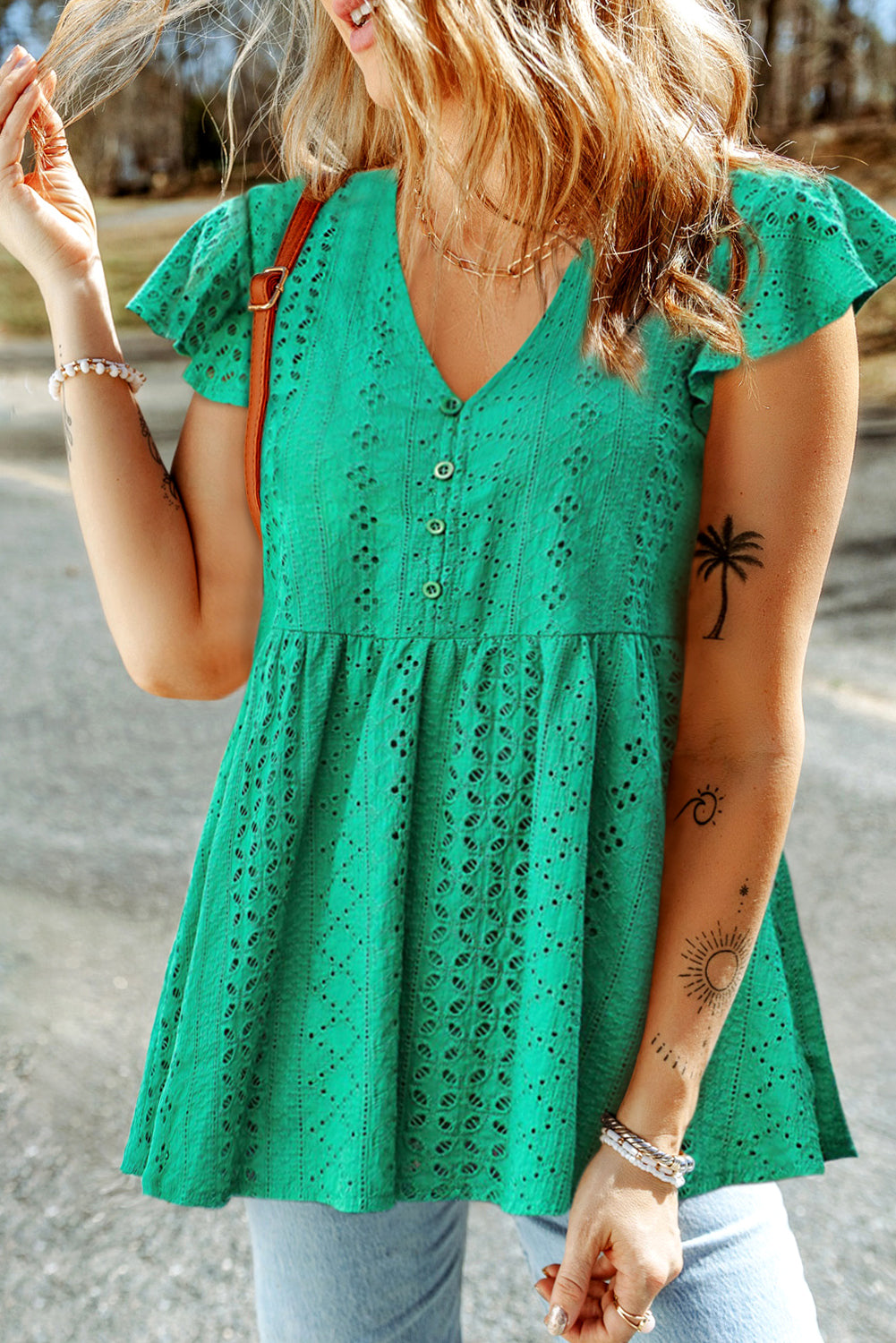 Green Hollow Out V Neck Petal Sleeve Button Babydoll Blouse