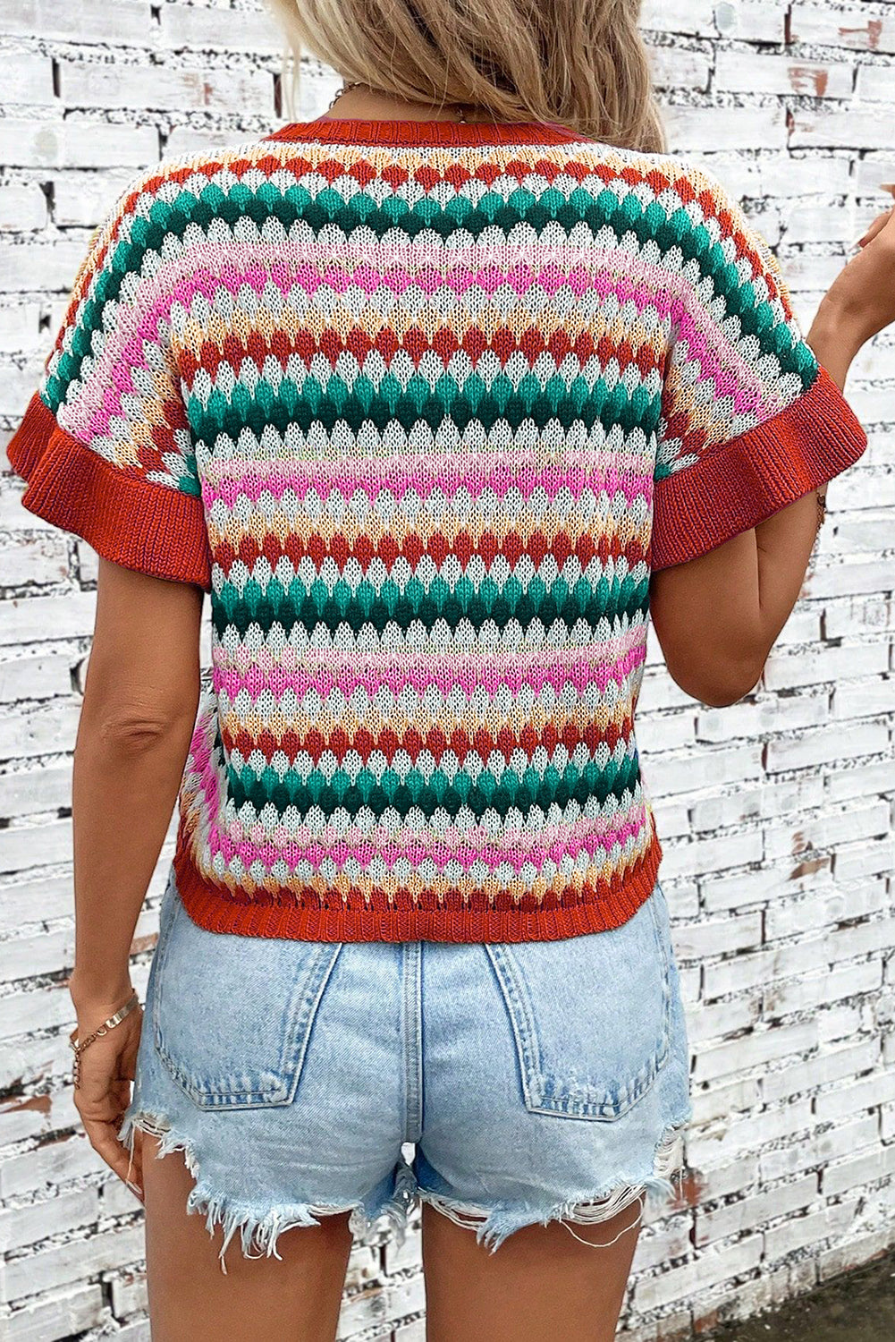 Fiery Red Color Block Strip Ruffle Sleeve Knit Top