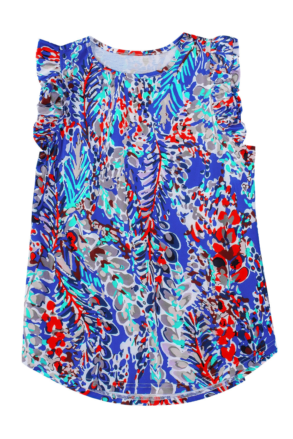 Rosy Boho Abstract Print Color Block Ruffle Babydoll Sleeveless Shirt