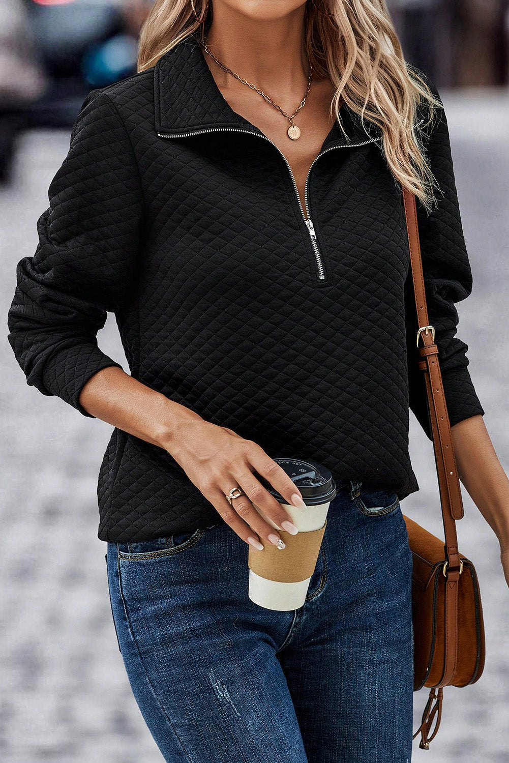 Black Solid Color Half Zipper Pullover Sweatshirt